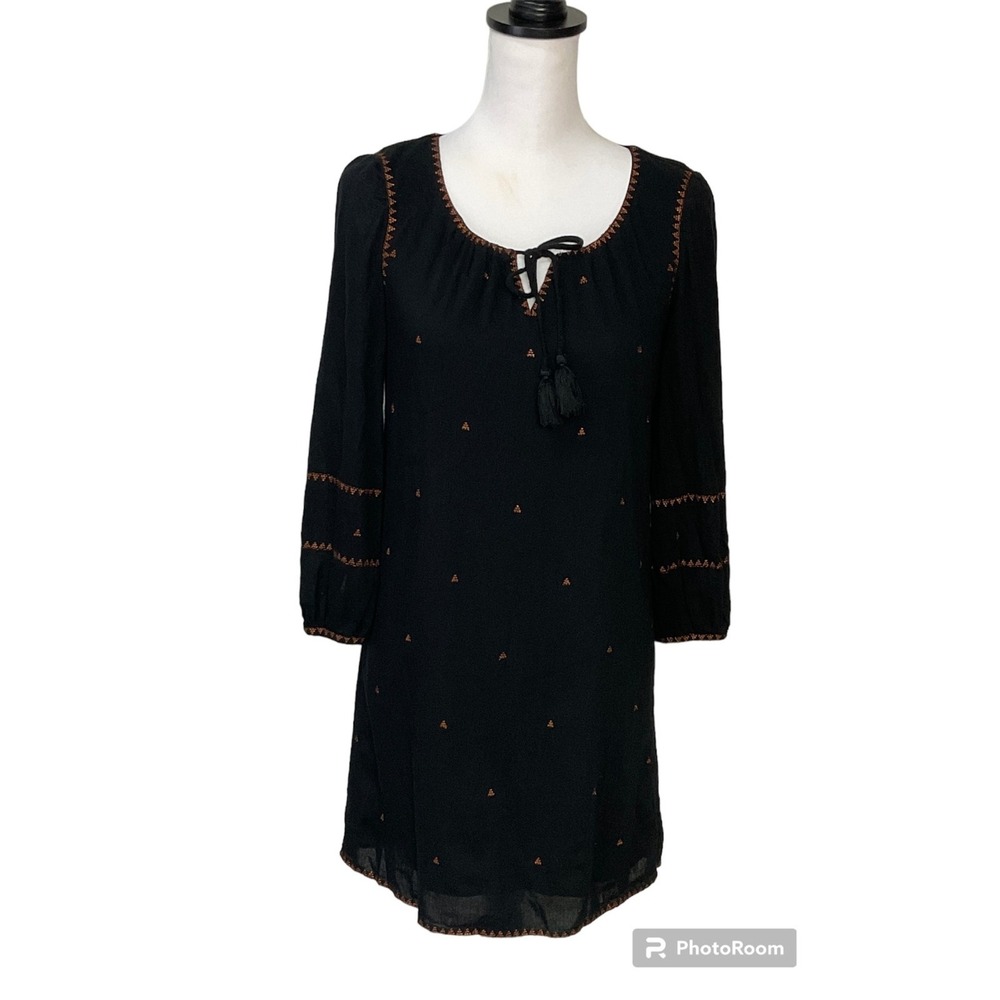 Madewell Embroidered Shift‎ Dress Women Sz XXS Black Rust EUC Tassel Neck